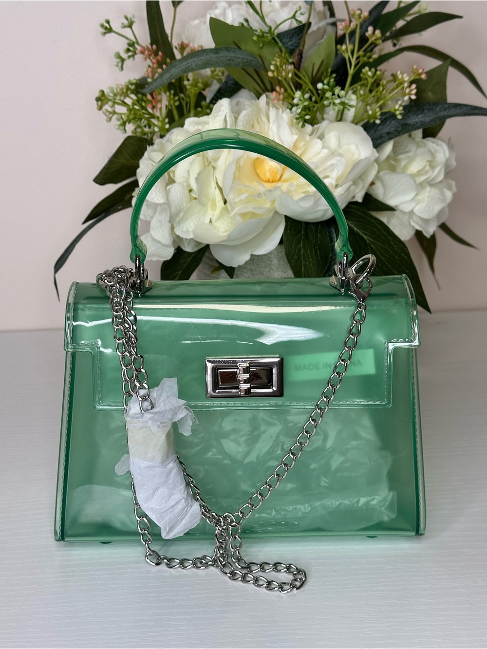 Green Jelly Top Handle Chain Crossbody Bag Transparent Mini Purse